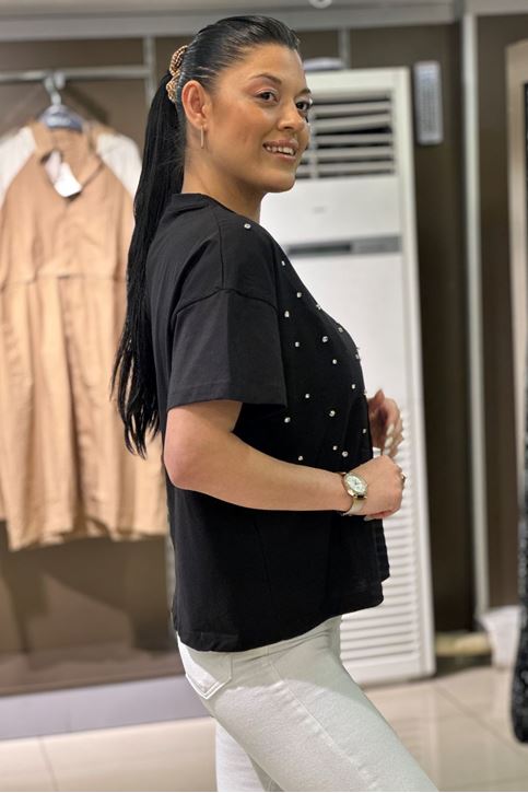 Oversize Taş Detaylı Tshirt-Siyah