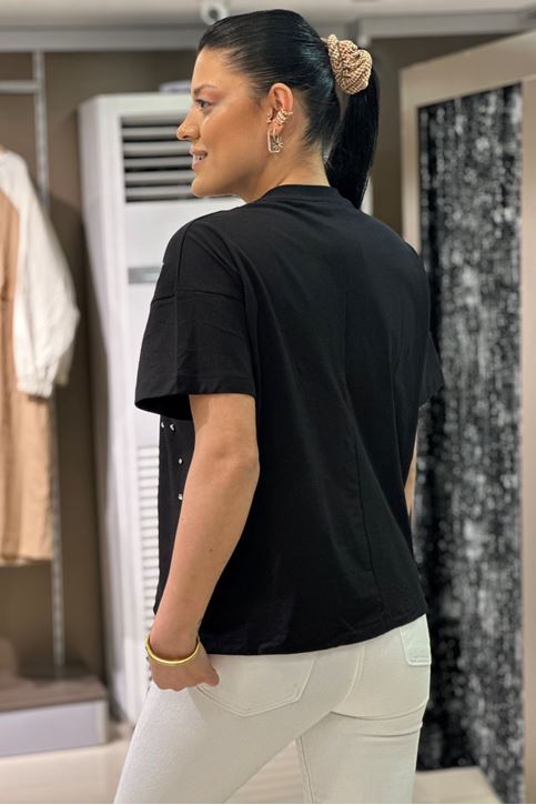 Oversize Taş Detaylı Tshirt-Siyah