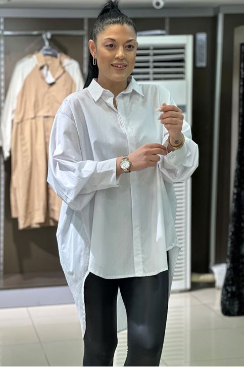 Oversize Kesim Salaş Uzun Gömlek-Beyaz