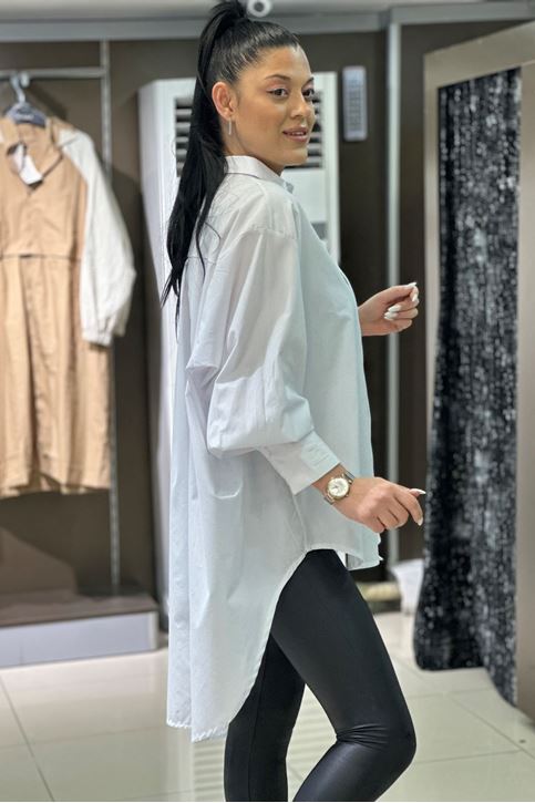 Oversize Kesim Salaş Uzun Gömlek-Beyaz