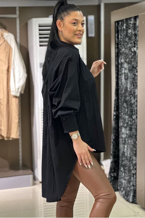 Oversize Kesim Salaş Uzun Gömlek-Siyah