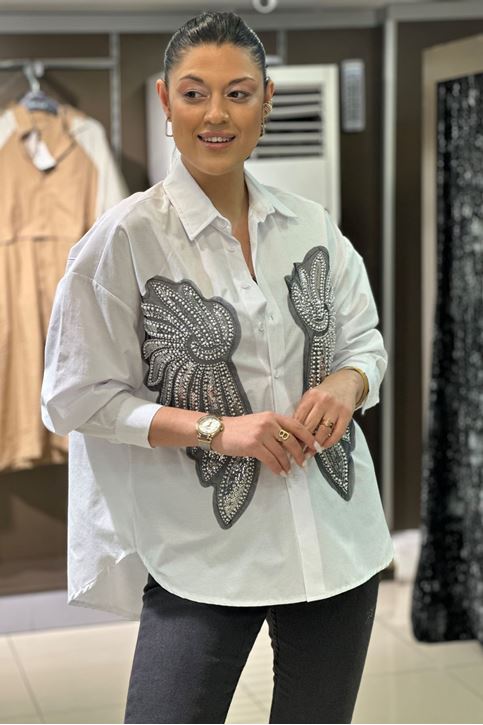 Kanat Boncuk İşlemeli Gömlek-Beyaz