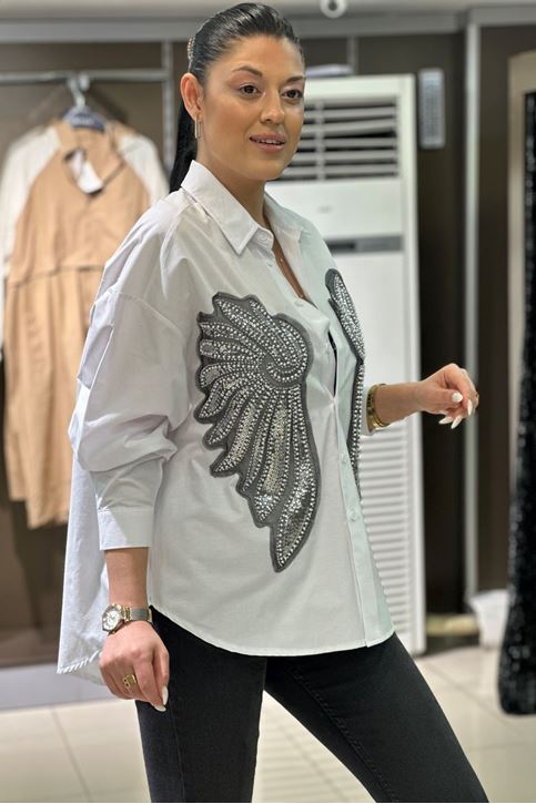 Kanat Boncuk İşlemeli Gömlek-Beyaz