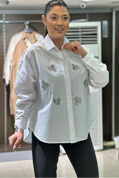 Yaprak Taş Detaylı Salaş Gömlek-Beyaz