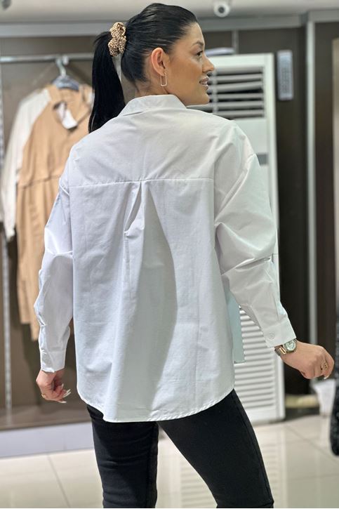 Yaprak Taş Detaylı Salaş Gömlek-Beyaz