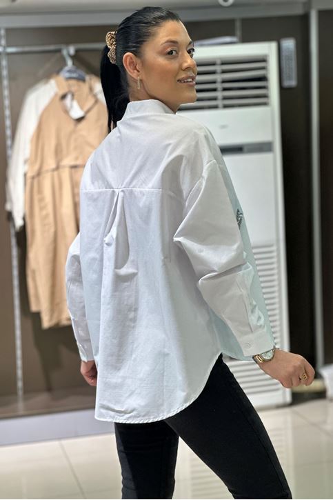 Yaprak Taş Detaylı Salaş Gömlek-Beyaz