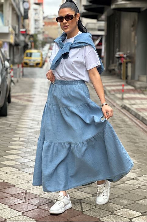 Beli Lastikli Salaş Uzun Denim Etek-Mavi