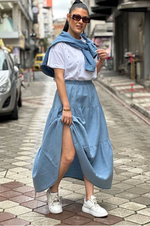 Beli Lastikli Salaş Uzun Denim Etek-Mavi