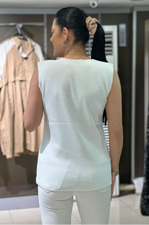 Yaka Dantel Örgü Askılı Triko Bluz-Beyaz