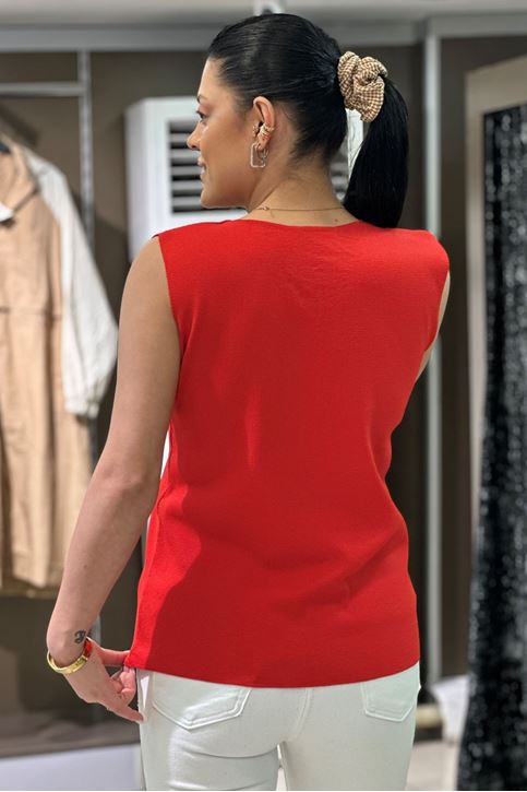 Yaka Dantel Örgü Askılı Triko Bluz-Kırmızı