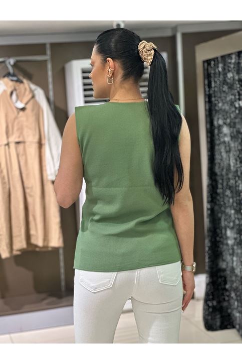 Yaka Dantel Örgü Askılı Triko Bluz-Mint