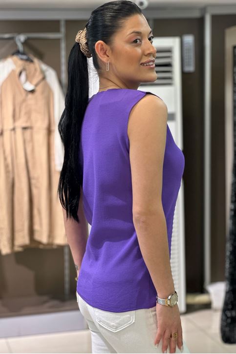 Yaka Dantel Örgü Askılı Triko Bluz-Mor