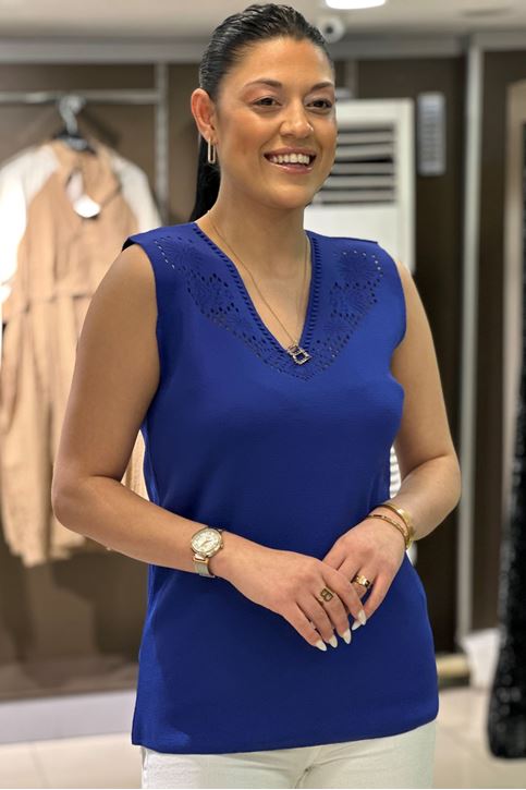 Yaka Dantel Örgü Askılı Triko Bluz-Saksmavi