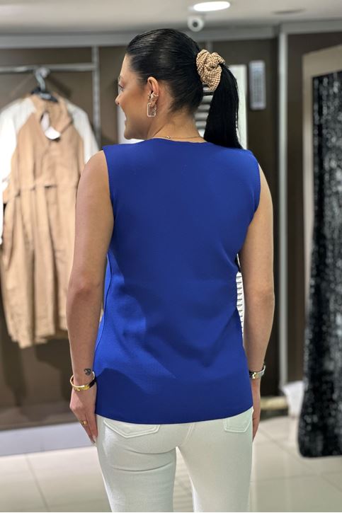 Yaka Dantel Örgü Askılı Triko Bluz-Saksmavi