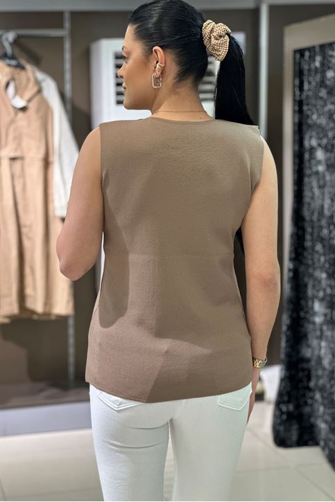 Yaka Dantel Örgü Askılı Triko Bluz-Vizon