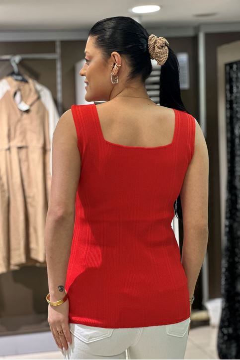 Kalın Askılı Fitilli Büyük Beden Triko-Kırmızı