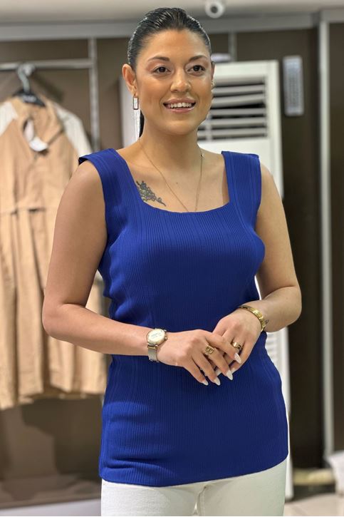 Kalın Askılı Fitilli Büyük Beden Triko-Saksmavi