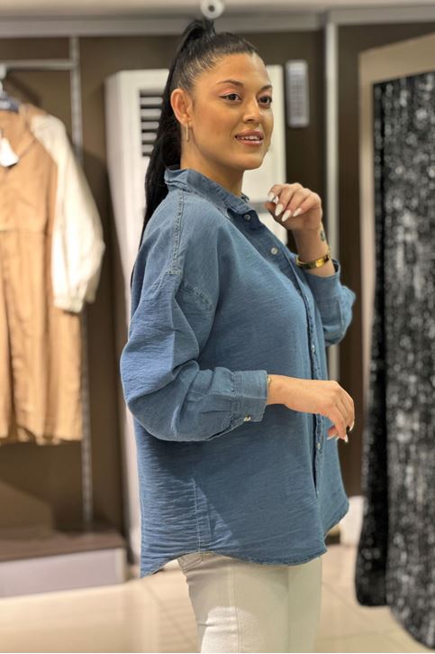 Salaş Kesim Denim Gömlek-Mavi