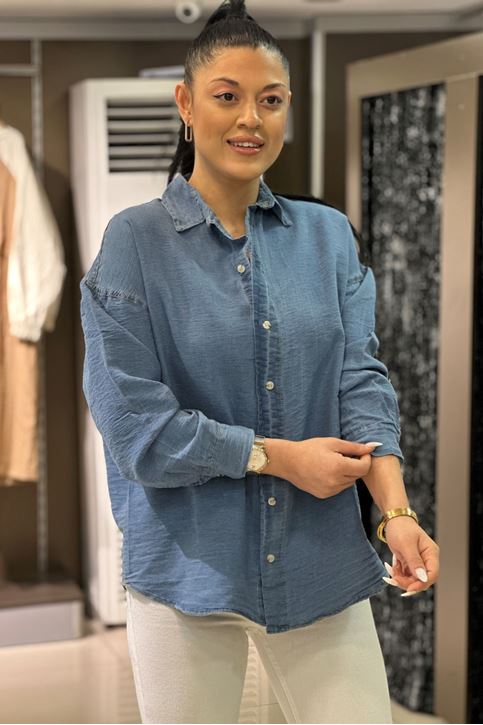Salaş Kesim Denim Gömlek-Mavi