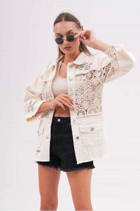 Dantel Güpür Detay Gabardi Kot Ceket-Krem