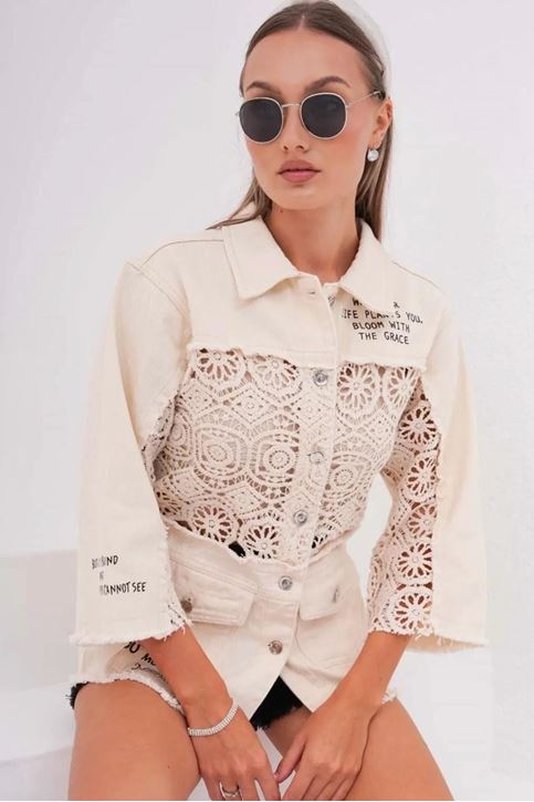 Dantel Güpür Detay Gabardi Kot Ceket-Krem