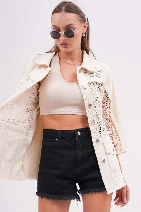 Dantel Güpür Detay Gabardi Kot Ceket-Krem