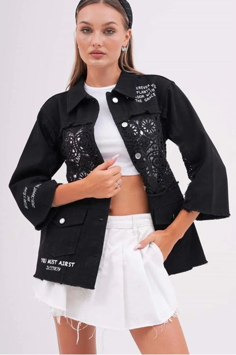 Dantel Güpür Detay Gabardi Kot Ceket-Siyah