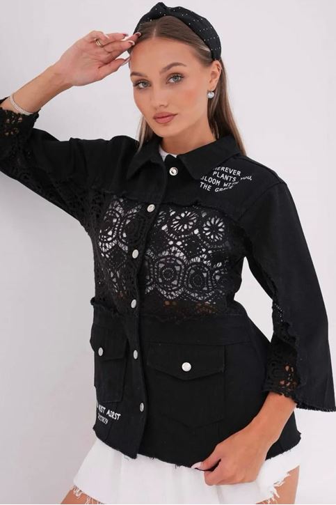 Dantel Güpür Detay Gabardi Kot Ceket-Siyah