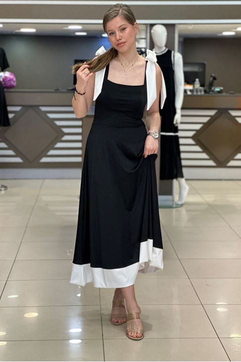 Omuzları Fiyonk Detay Dalgıç Midi Elbise-Siyah