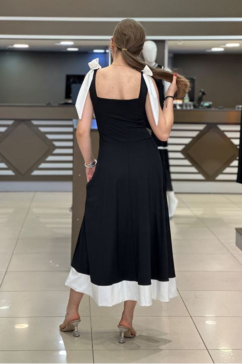 Omuzları Fiyonk Detay Dalgıç Midi Elbise-Siyah