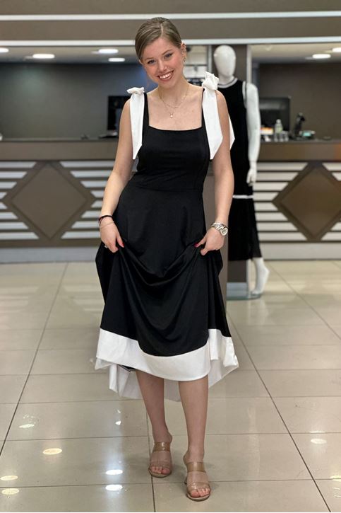 Omuzları Fiyonk Detay Dalgıç Midi Elbise-Siyah