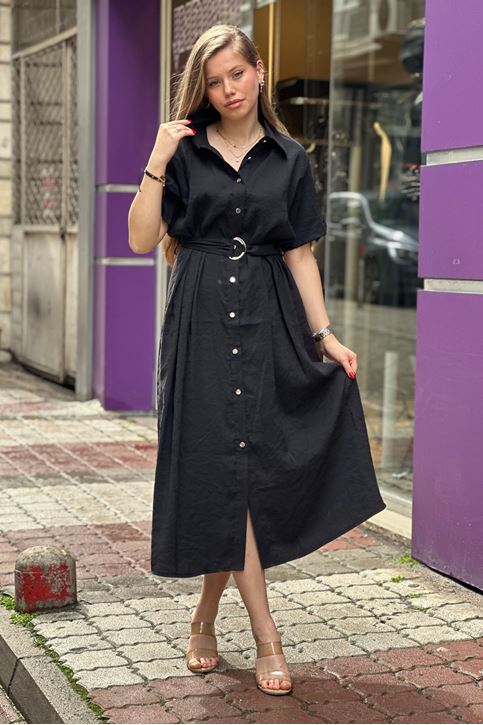 Ön Düğmeli Gömlek Yaka Midi Boy Elbise-Siyah