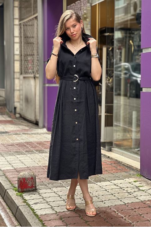 Ön Düğmeli Gömlek Yaka Midi Boy Elbise-Siyah