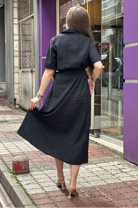 Ön Düğmeli Gömlek Yaka Midi Boy Elbise-Siyah