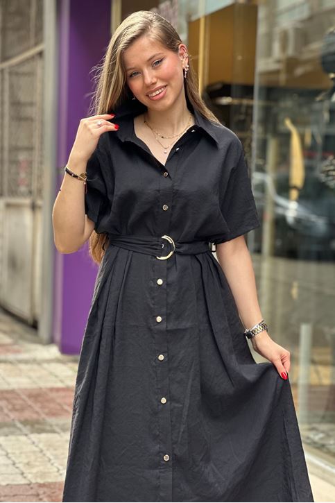 Ön Düğmeli Gömlek Yaka Midi Boy Elbise-Siyah