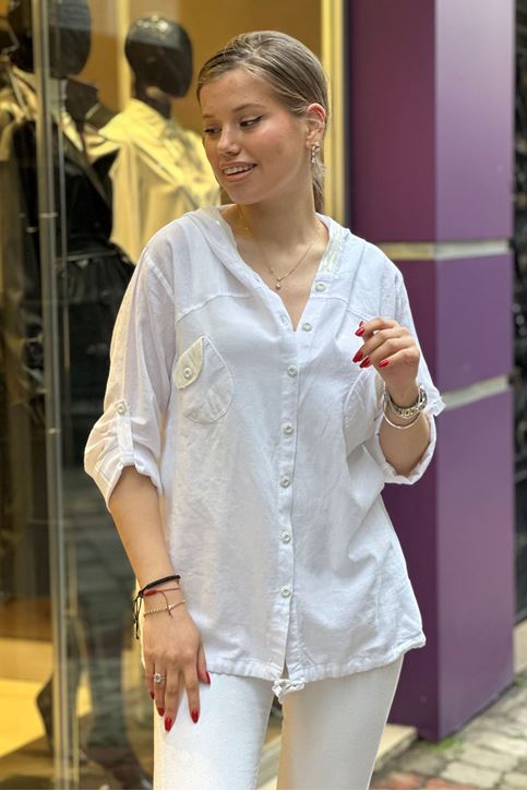 Cep Kapşon Pulpayet Detay Keten Gömlek-Beyaz