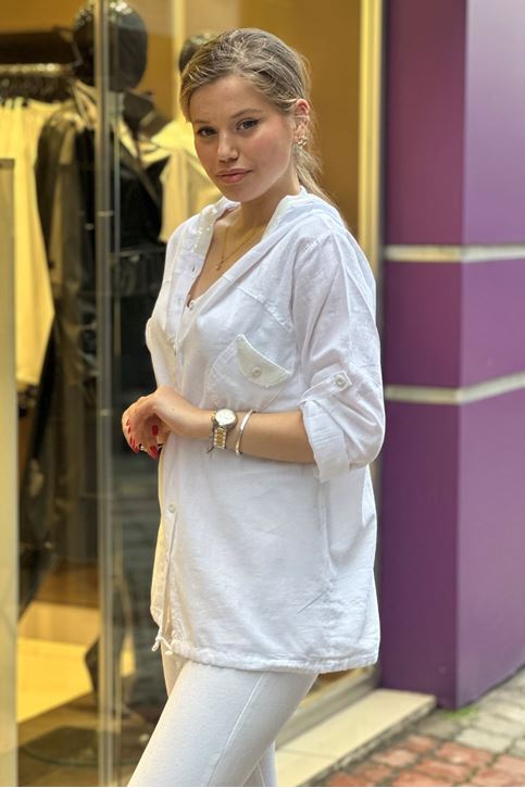 Cep Kapşon Pulpayet Detay Keten Gömlek-Beyaz