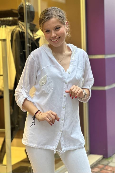 Cep Kapşon Pulpayet Detay Keten Gömlek-Beyaz