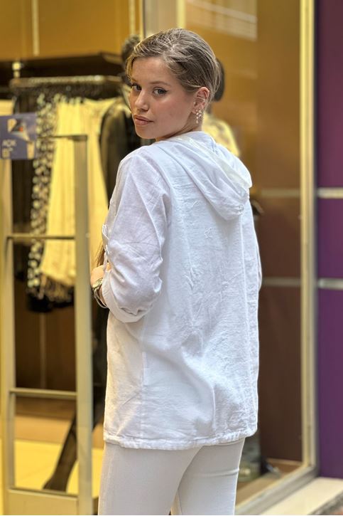 Cep Kapşon Pulpayet Detay Keten Gömlek-Beyaz