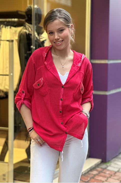 Cep Kapşon Pulpayet Detay Keten Gömlek-Kırmızı