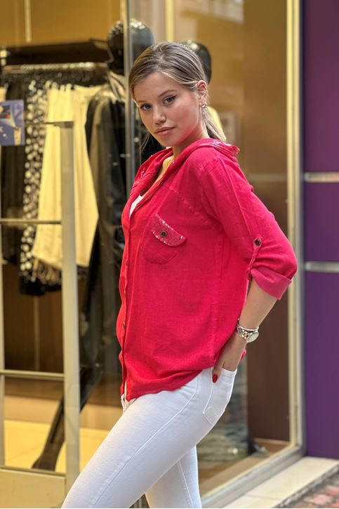 Cep Kapşon Pulpayet Detay Keten Gömlek-Kırmızı