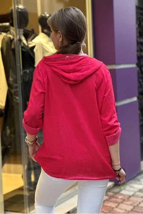 Cep Kapşon Pulpayet Detay Keten Gömlek-Kırmızı