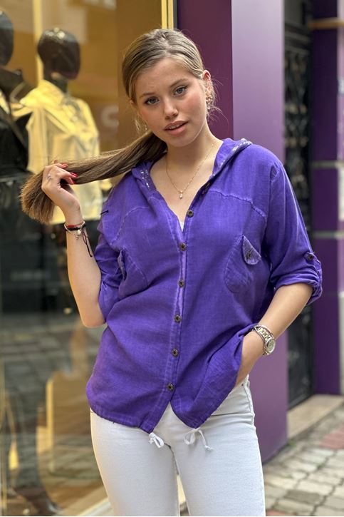 Cep Kapşon Pulpayet Detay Keten Gömlek-Mor