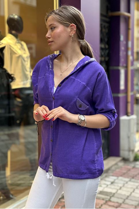 Cep Kapşon Pulpayet Detay Keten Gömlek-Mor