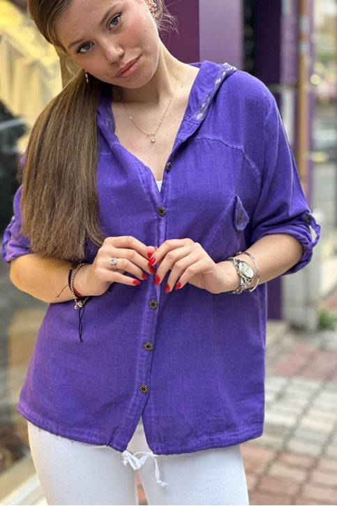 Cep Kapşon Pulpayet Detay Keten Gömlek-Mor