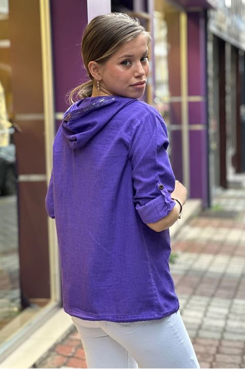 Cep Kapşon Pulpayet Detay Keten Gömlek-Mor