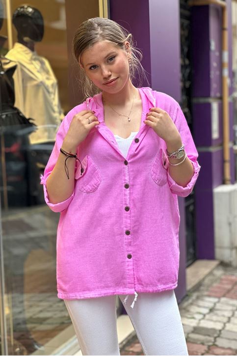 Cep Kapşon Pulpayet Detay Keten Gömlek-Pembe