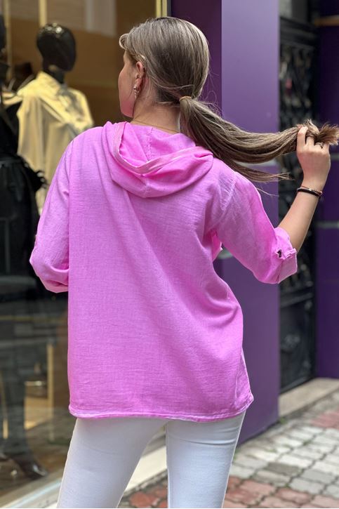 Cep Kapşon Pulpayet Detay Keten Gömlek-Pembe