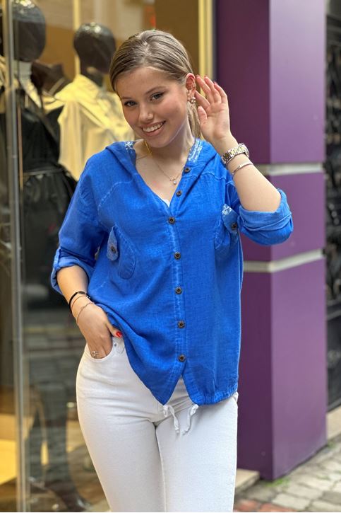 Cep Kapşon Pulpayet Detay Keten Gömlek-Saksmavi