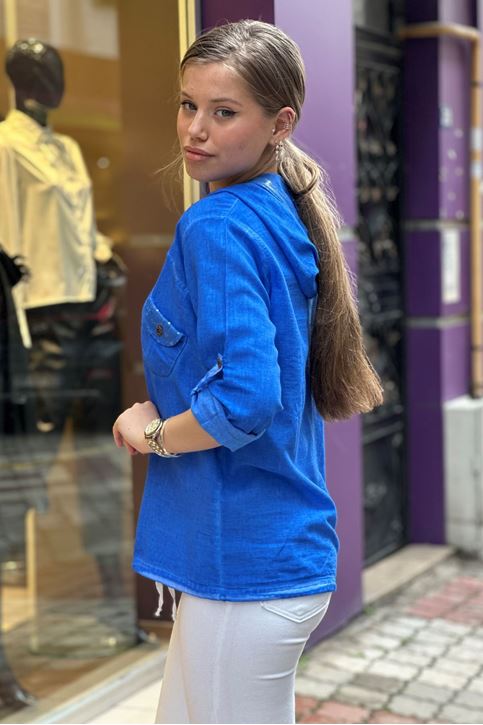 Cep Kapşon Pulpayet Detay Keten Gömlek-Saksmavi